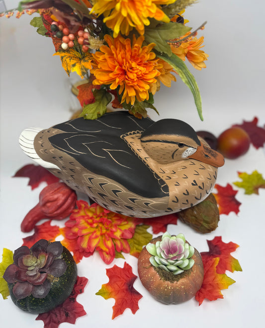Hen mallard low head pose resting decoy handcarved Tupelo Handpainted vintage heirloom 